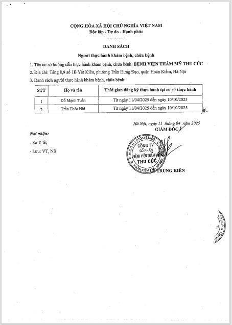 Danh sách người thực hành khám bệnh, chữa bệnh tại Bệnh viện Thẩm mỹ Thu Cúc từ ngày 11/04/2025 2 11 4 2025 02