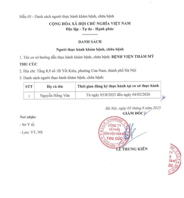 Danh sách người đăng ký thực hành khám bệnh, chữa bệnh tại Bệnh viện thẩm mỹ Thu Cúc từ ngày 05/8/2025 2 danh sach thu cuc1 e1754449230303