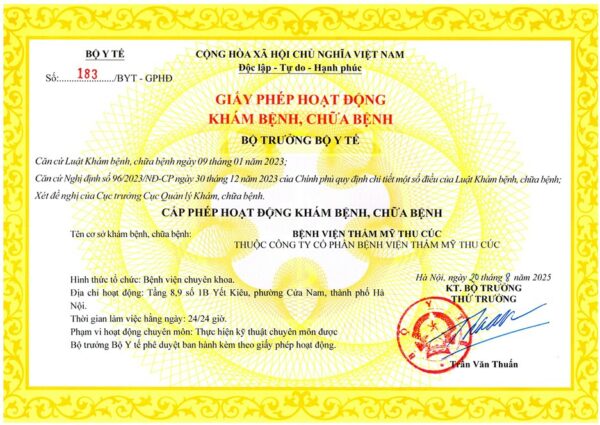 Giấy phép hoạt động khám bệnh, chữa bệnh tại Bệnh viện Thẩm mỹ Thu Cúc cơ sở 1B Yết Kiêu, phường Cửa Nam, Hà Nội, do Bộ Y tế cấp.