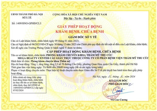 Giấy phép hoạt động khám bệnh, chữa bệnh cho Phòng khám chuyên khoa Thẩm mỹ Thu Cúc Mega Beauty Center Cầu Giấy, trực thuộc Công ty Cổ phần Bệnh viện Thẩm mỹ Thu Cúc, do Sở Y tế Hà Nội cấp.