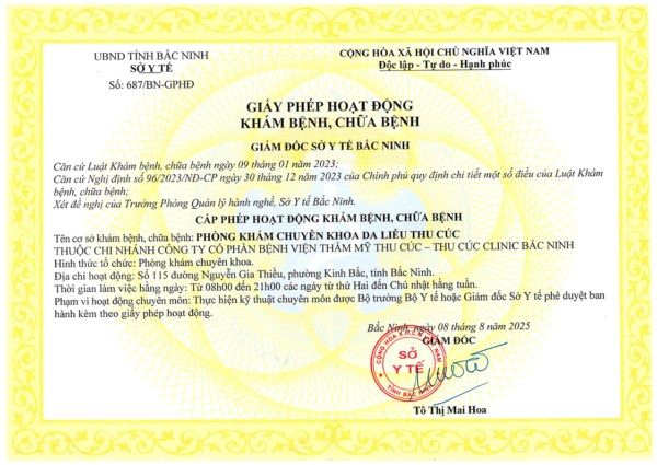 Giấy phép hoạt động khám bệnh, chữa bệnh cho Phòng khám chuyên khoa Da liễu Thu Cúc - Thu Cúc Clinic Bắc Ninh thuộc chi nhánh Công ty Cổ phần Bệnh viện Thẩm mỹ Thu Cúc, do Sở Y tế Bắc Ninh cấp.
